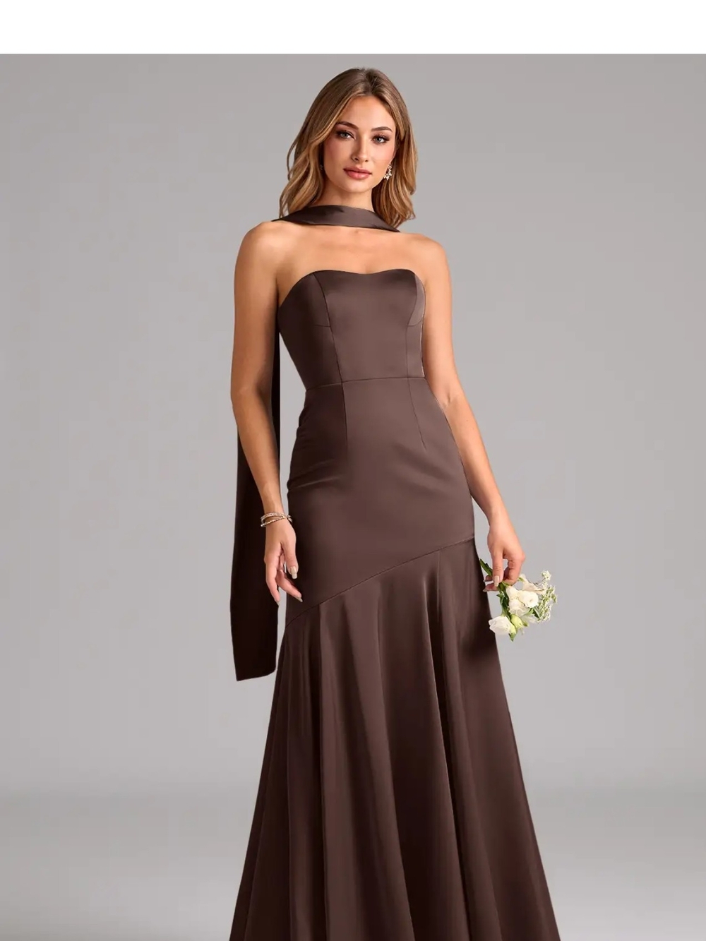 Azazie Strapless Chocolate Brown Satin Mermaid Gown with Neck Sash